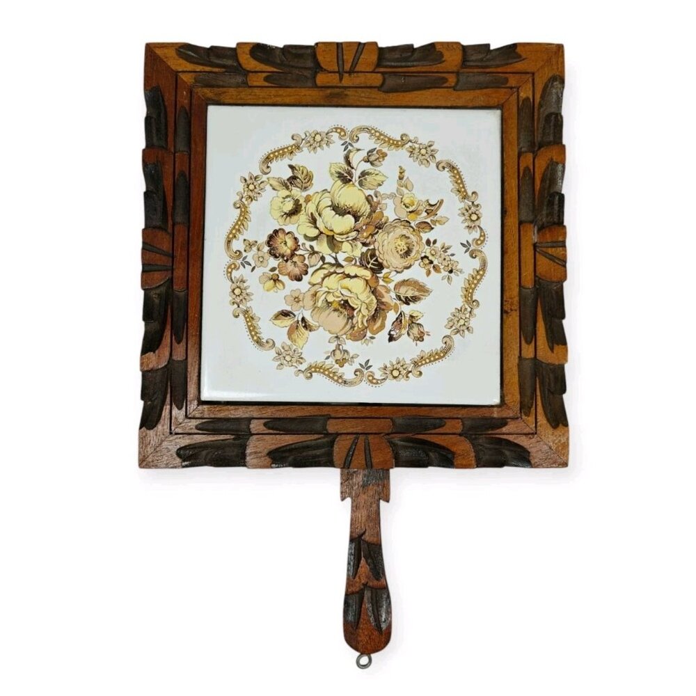 Vintage Ceramic Tile Trivet W/ Handle Carved Wood Frame Footed Floral England